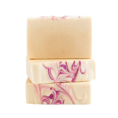 Stack of Pink Champagne Handcrafted Goat Milk Soap Bars by Basilwood Farm.