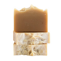 Stack of Sweet Almond Handcrafted Goat Milk Soap Bars by Basilwood Farm.