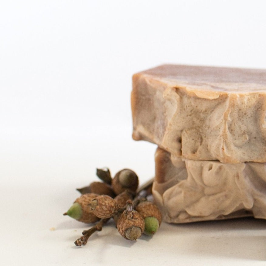 Stack of Pumpkin Spice Latte Handcrafted Goat Milk Soap Bars, Holiday Edition by Basilwood Farm.